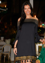 Front image of black metallic off the shoulder dress. Cabana Life cocktail dress. 