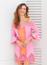 Front image of Cabana Life off the shoulder dress. Boca Raton coral print dress. 
