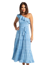 Front image of cabana life one shoulder maxi dress. Blue printed windermere dress. 