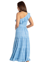 Back image of cabana life one shoulder maxi dress. Blue printed windermere dress. 
