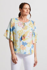 Front image of Tribal blouse with frill sleeve. Fashion blouse with floral print. 