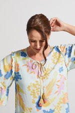 Front image of Tribal blouse with frill sleeve. Fashion blouse with floral print. 