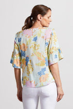 Back image of Tribal blouse with frill sleeve. Fashion blouse with floral print. 