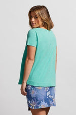Back image of Tribal short sleeve v-neck top with combo. Bright green short sleeve top. 