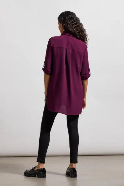 Back image of Tribal roll sleeve air flow tunic. Dark purple button front top. 