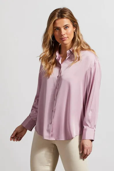 Front image of flowy satin button up shirt. Long sleeve top in mauve shadow. 