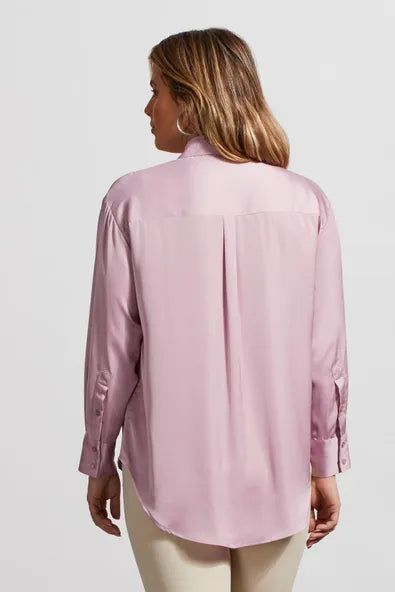 Back image of flowy satin button up shirt. Long sleeve top in mauve shadow. 