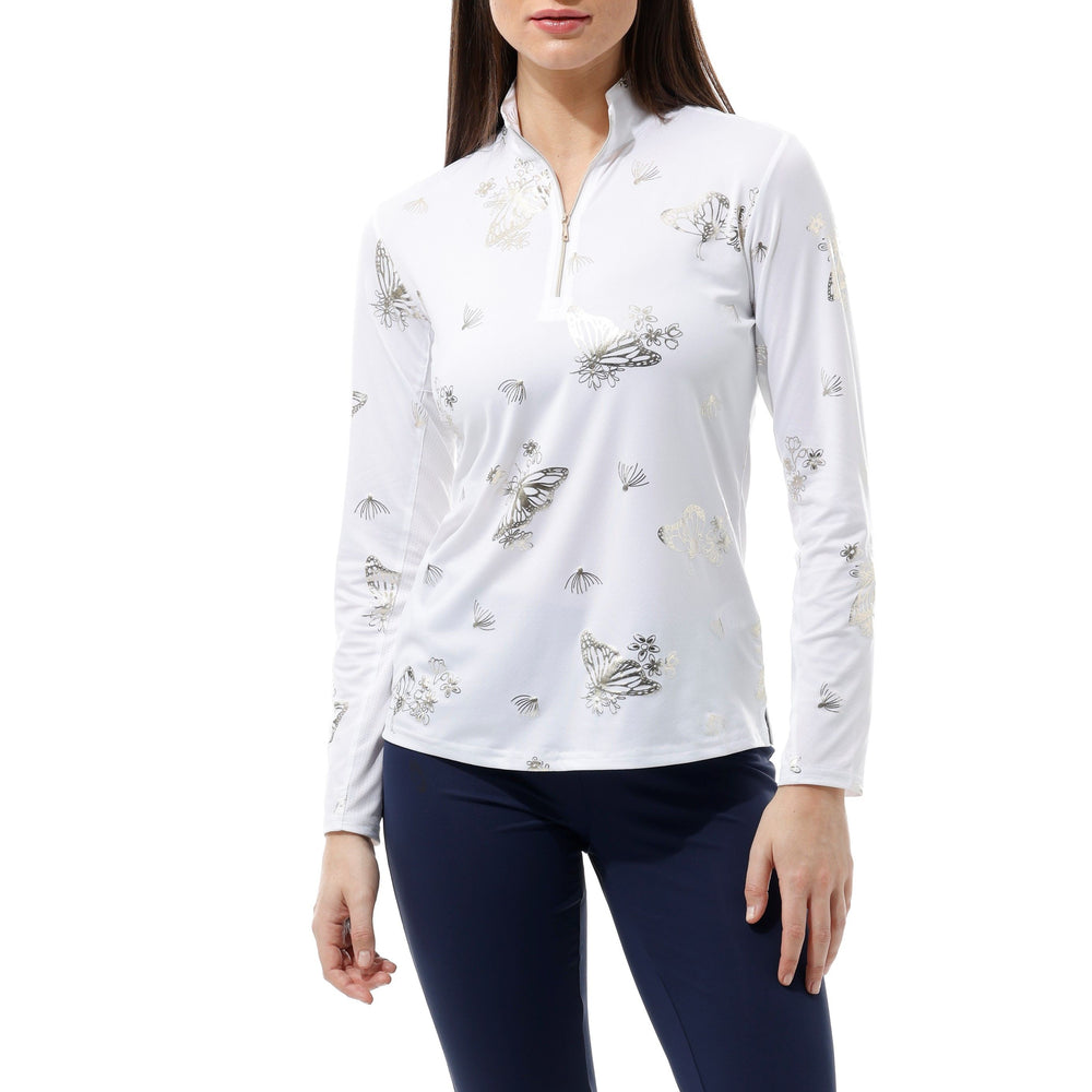 Front image of SanSoleil white monarch printed top. Long sleeve mock neck print. 