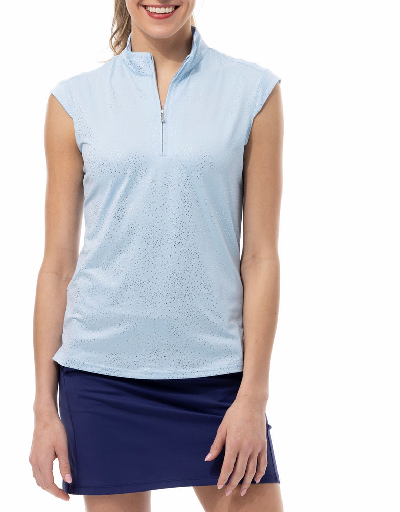 Front image of SanSoleil solshine sleeveless zip top. Blue and silver printed tank. 