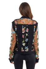 Back image of Adore long sleeve mixed denim jacket. Black multi floral printed jacket. 