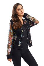Front image of Adore long sleeve mixed denim jacket. Black multi floral printed jacket. 