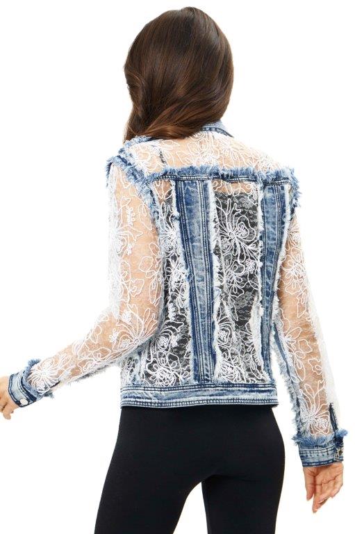 Back image of Adore denim jacket with lace and embroidery. Button front denim jacket. 