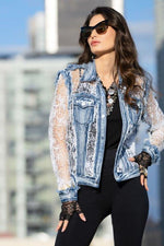 Front image of Adore denim jacket with lace and embroidery. Button front denim jacket. 