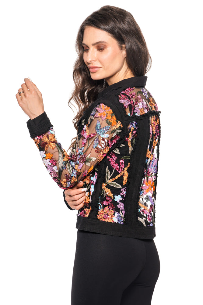 Long Sleeve Denim Jacket with Sheer Embroidery