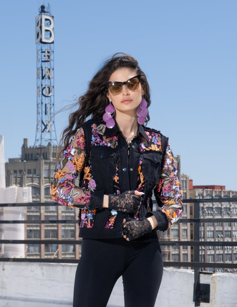 Long Sleeve Denim Jacket with Sheer Embroidery