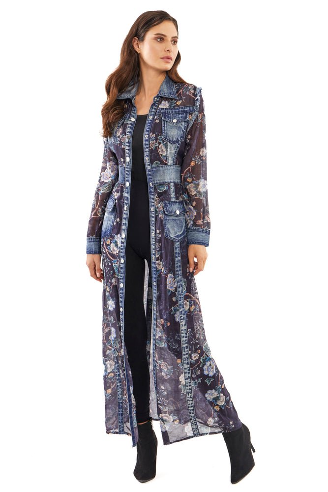 Front image of Adore long sleeve lace duster jacket. Black and denim printed jacket. 