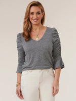Front image of Democracy 3/4 ruched sleeve v-neck knit top. Light heather gray top.