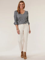 Front image of Democracy 3/4 ruched sleeve v-neck knit top. Light heather gray top.