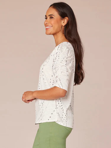 Ruched Elbow Sleeve Scoop Neck Print Top