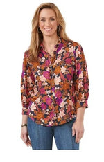 Front image of Democracy 3/4 sleeve button down top. Navy floral printed top. 