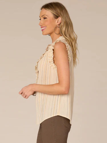 Side image of Democracy ruffle sleeveless top in ecru stripe.