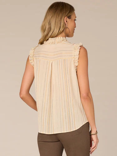 Back image of Democracy ruffle sleeveless top in ecru stripe.