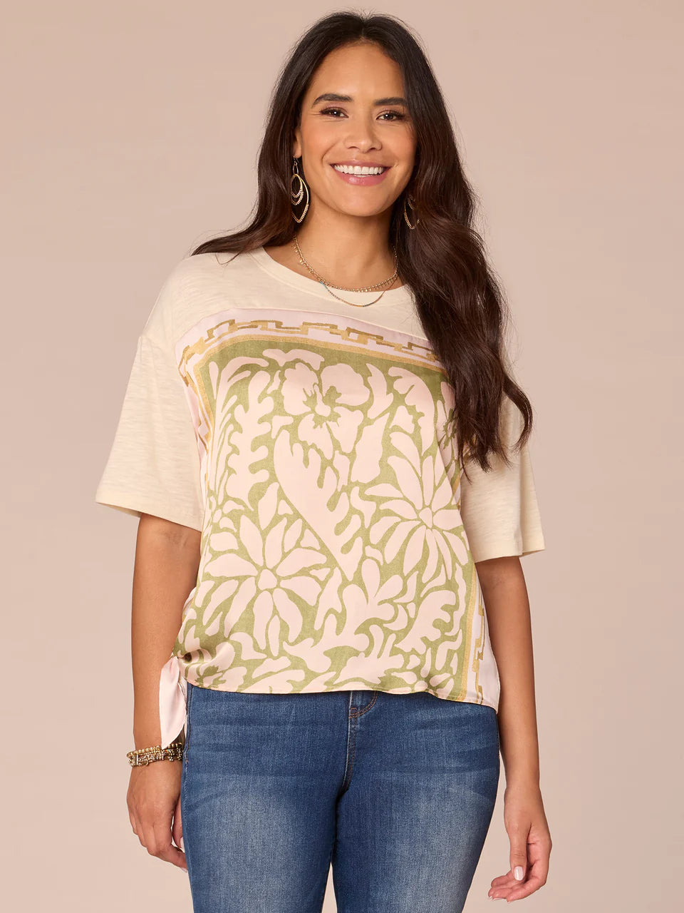 Front image of Democracy short sleeve mixed media top.