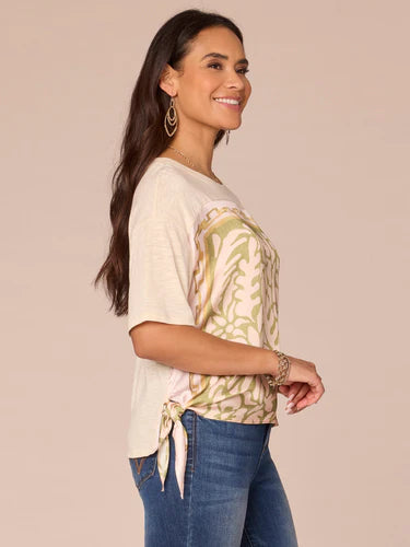 Side image of Democracy short sleeve mixed media top.