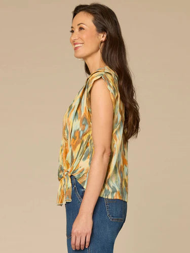 Pleated Shoulder Sleeve Scoop Neck Asymmetrical Knot Top