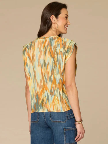 Pleated Shoulder Sleeve Scoop Neck Asymmetrical Knot Top
