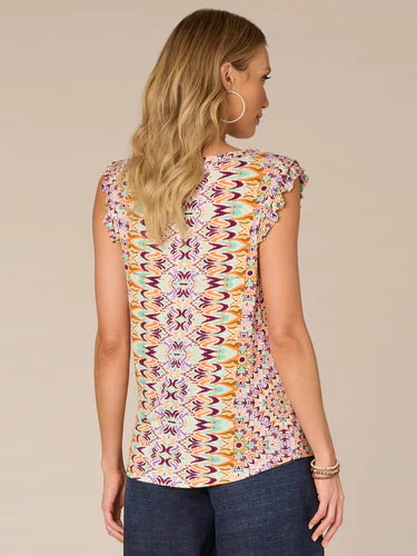Back image of Democracy pleated wine berry printed top.