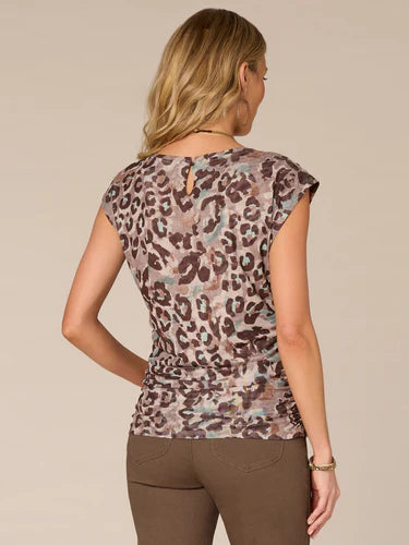 Cap Sleeve Scoop Neck Keyhole Back Printed Knit Top with Ruching