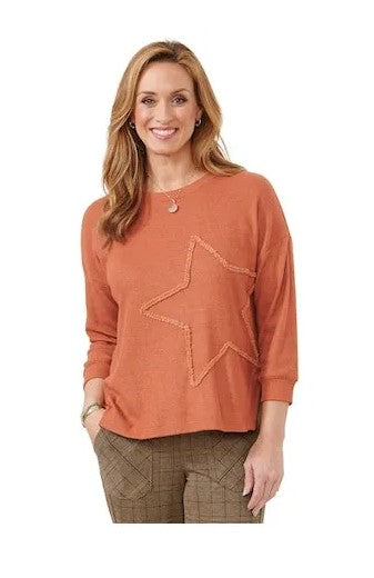Front image of Democracy 3/4 sleeve high/low star top. Orange ginger spice star sweater. 