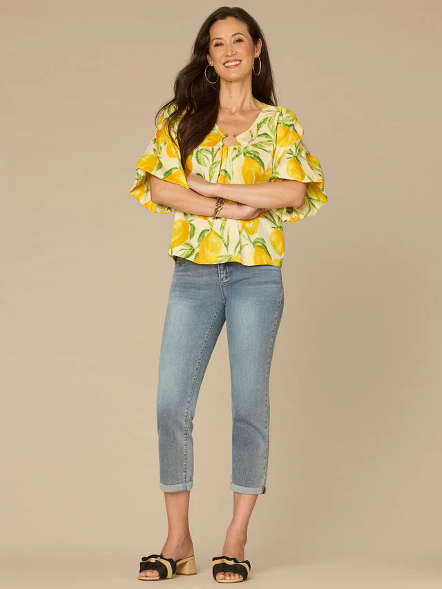 Full Body View Image of Democracy Bubble Bell Sleeve V-Neck Print Top in Leon Lush Multi