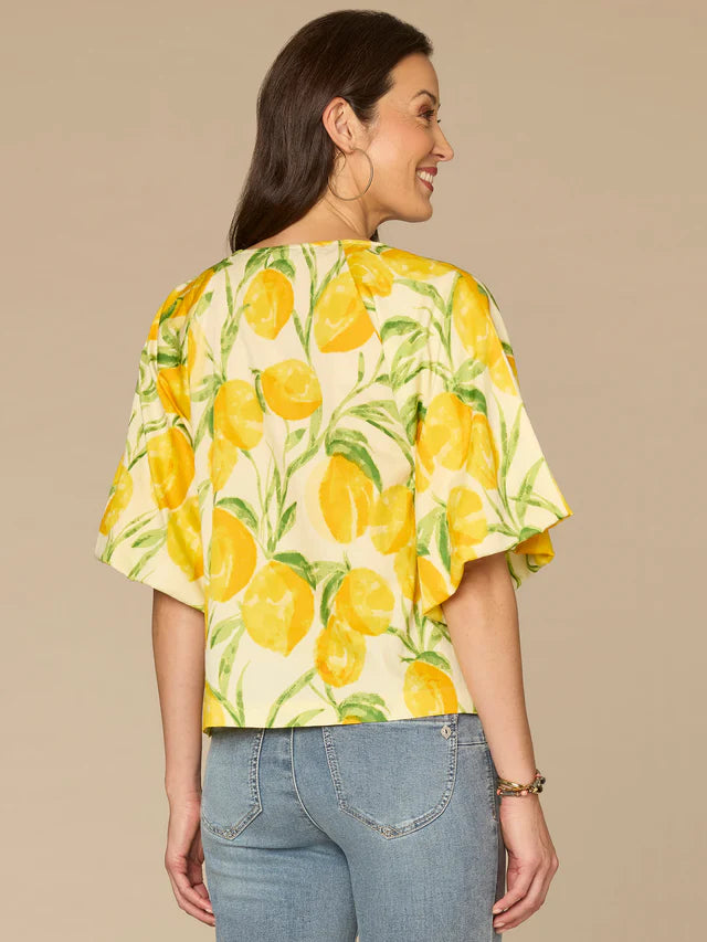 Back View Image of Democracy Bubble Bell Sleeve V-Neck Print Top in Leon Lush Multi