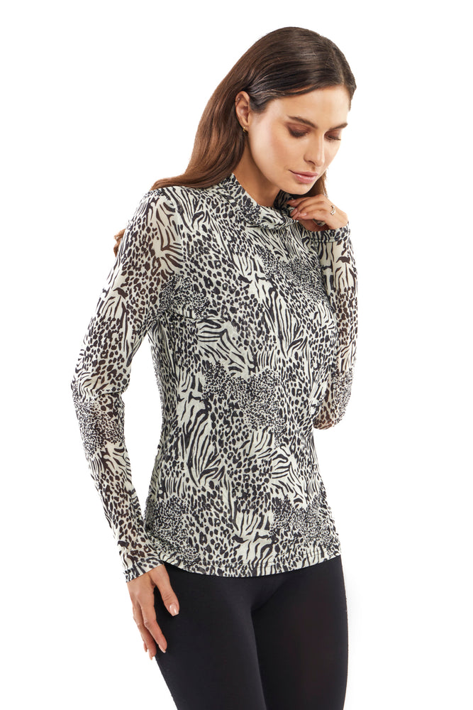 Front image of Adore long sleeve mesh turtle neck top. Grey animal printed long sleeve top. 