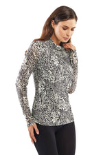 Front image of Adore long sleeve mesh turtle neck top. Grey animal printed long sleeve top. 