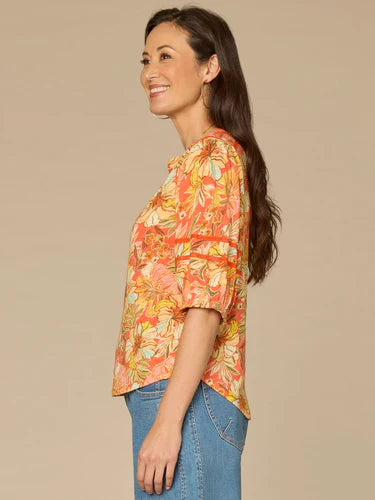 Mandarin Collar Half Placket Floral Print Knit Top