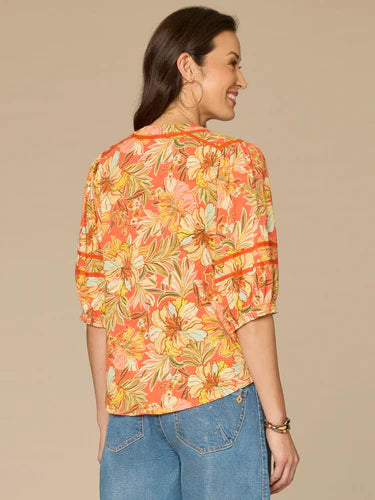 Mandarin Collar Half Placket Floral Print Knit Top