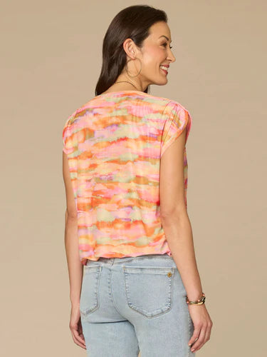 Boat Neck Bubble Hem Printed Knit Top