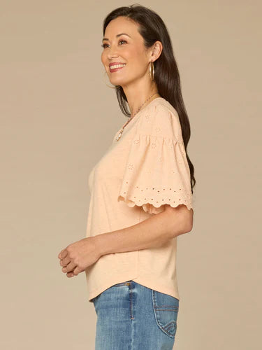 Puff Sleeve Scoop Neck Mixed Media Knit Top