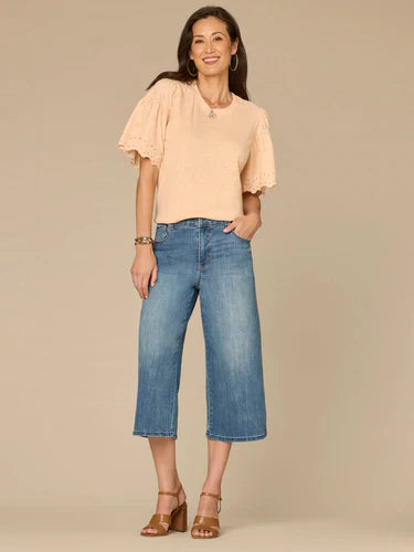 Puff Sleeve Scoop Neck Mixed Media Knit Top