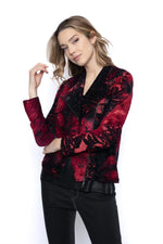 Front image of Picadilly long sleeve moto jacket. Red and black textured jacket. 