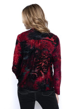 Back image of Picadilly long sleeve moto jacket. Red and black textured jacket. 