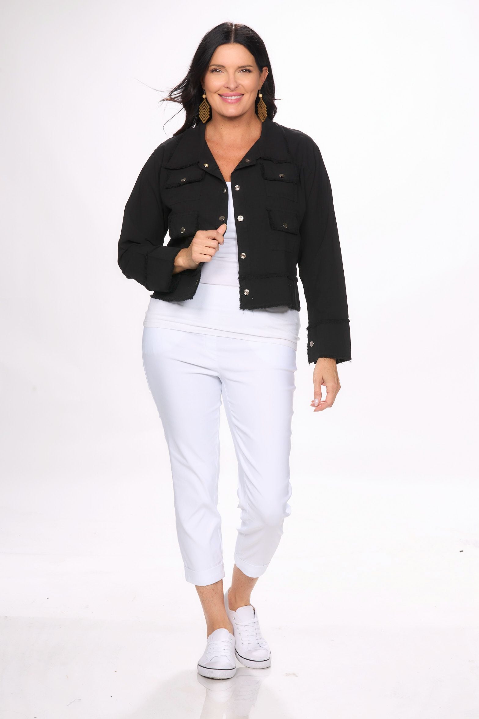 Front image of black Giocam jacket.