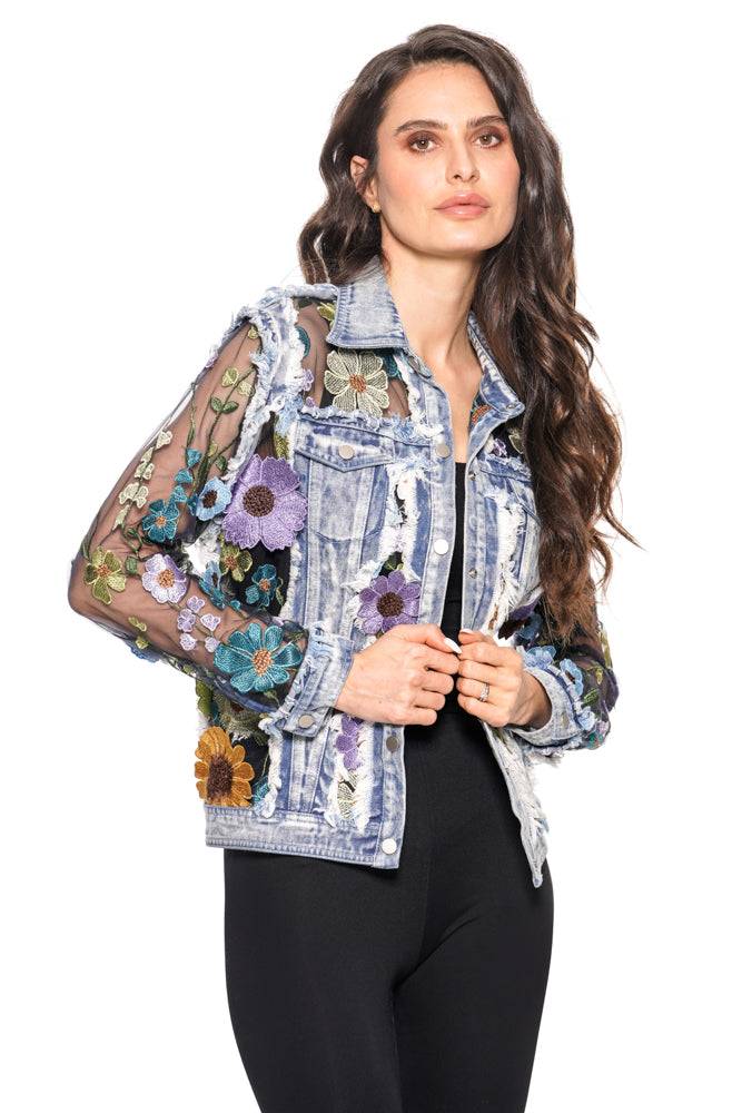 Long Sleeve Denim Jacket with Sheer Embroidery