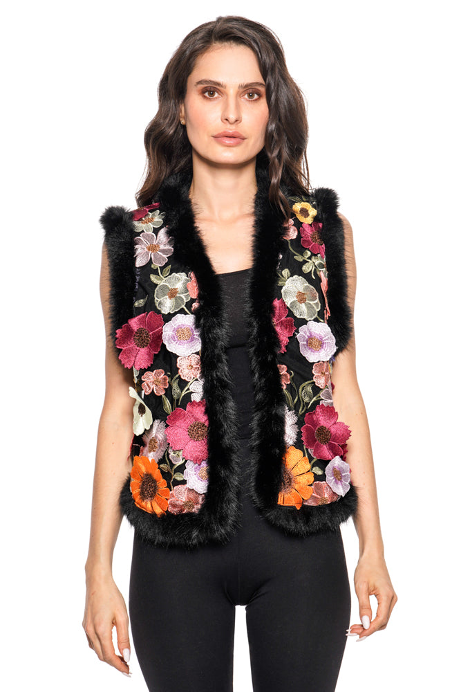 Black Fur Flower Detail Vest