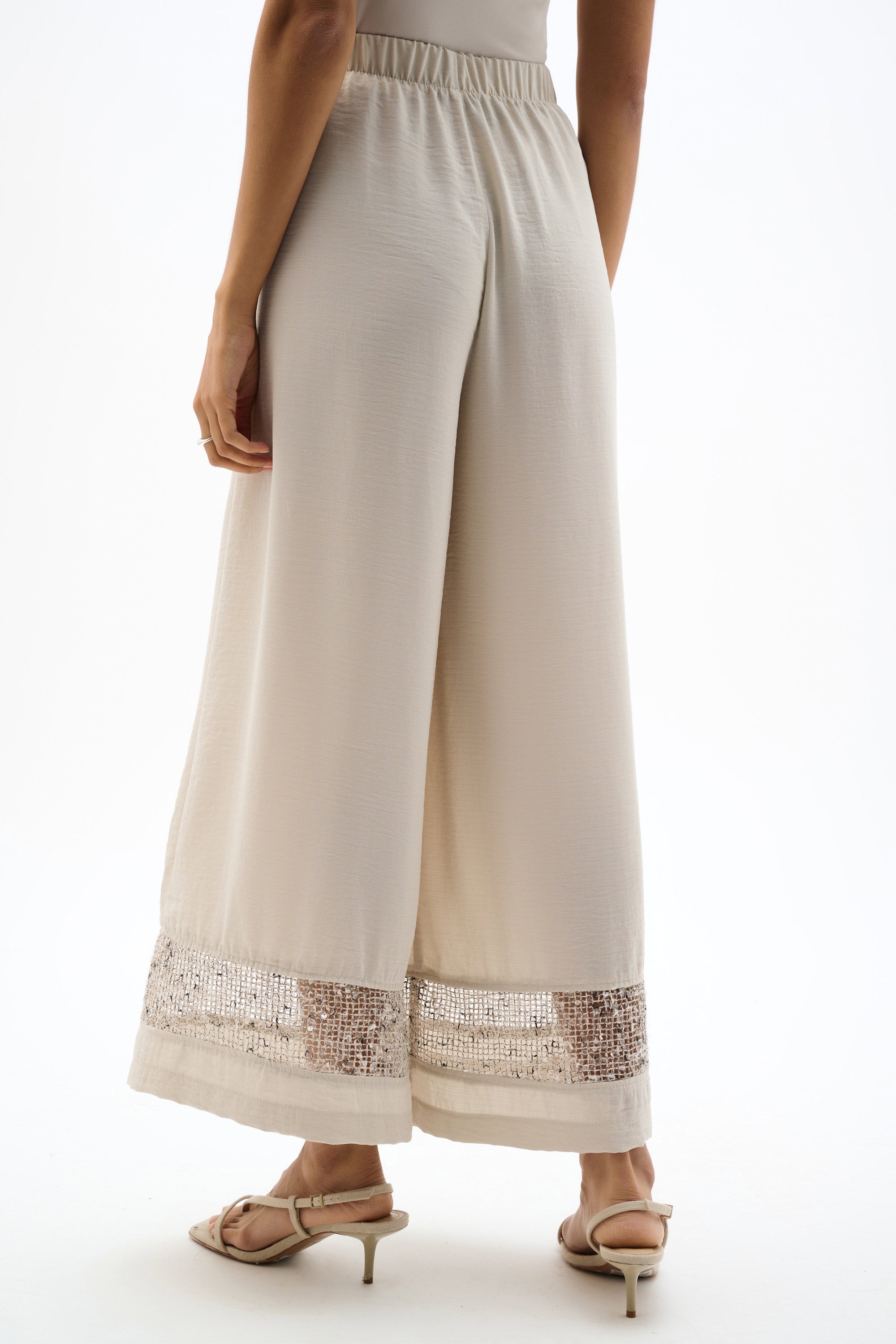 Gauze Pull-On Cullote Pants with Sequined Mesh Inserts