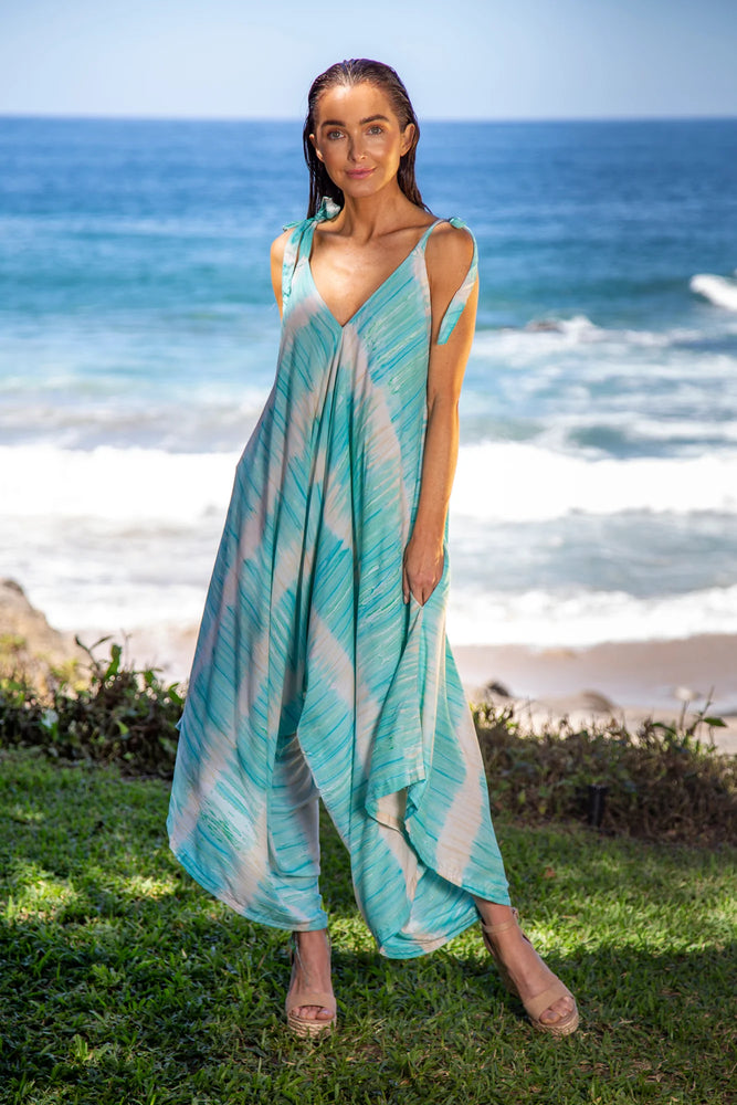 Front image of Bali Prema printed teal jumpsuit. Sleeveless jumpsuit. 