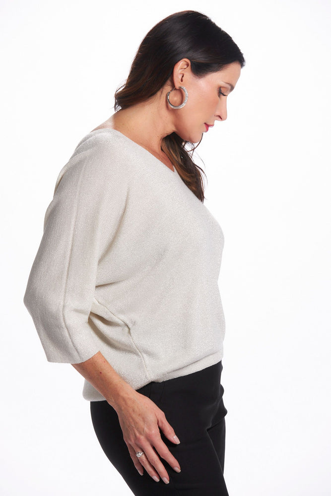 Side image of 1/2 sleeve lurex sweater. Beige sweater Made in Italy